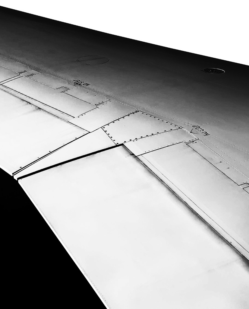 Airplane wing in black and white