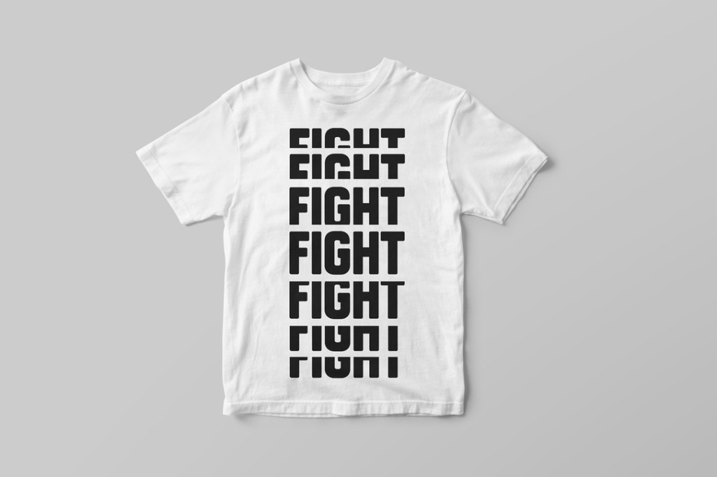 White tee with stacked Fight or Fight type