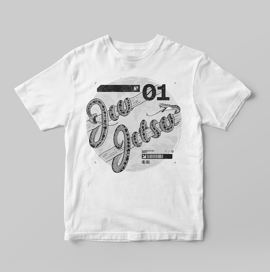 White tee with jiu jitsu snake lettering