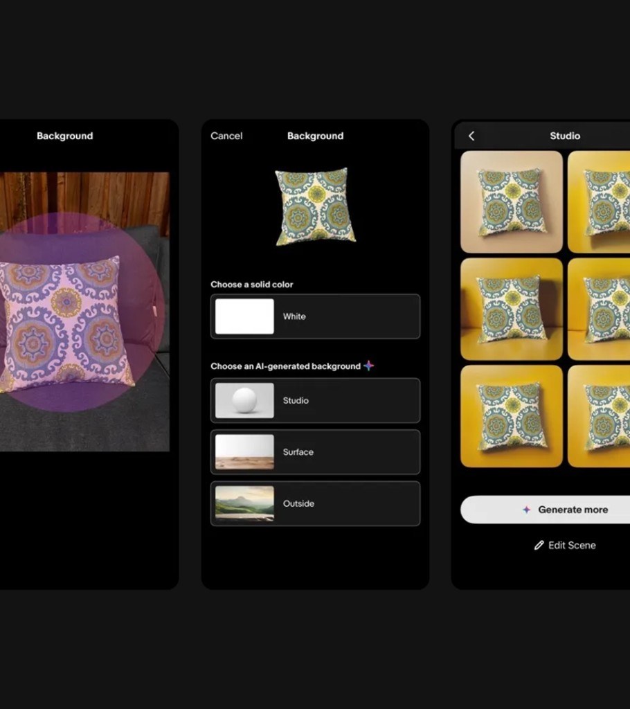 eBay app screens for removing a photo background and choosing an AI-generated studio backdrop