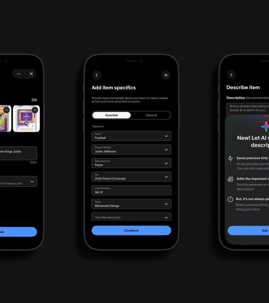 eBay app screens for adding item specifics and drafting a description with AI