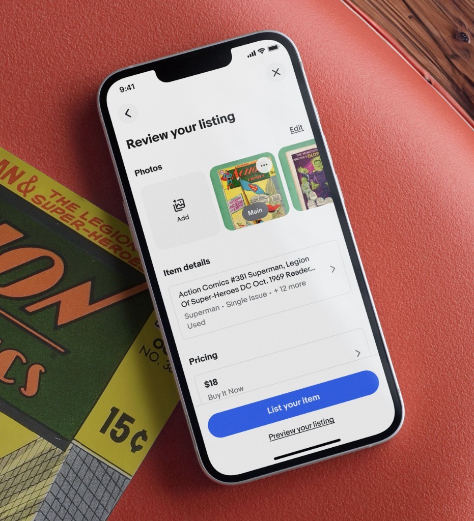 Phone showing eBay’s Review your listing screen for a vintage Action Comics issue