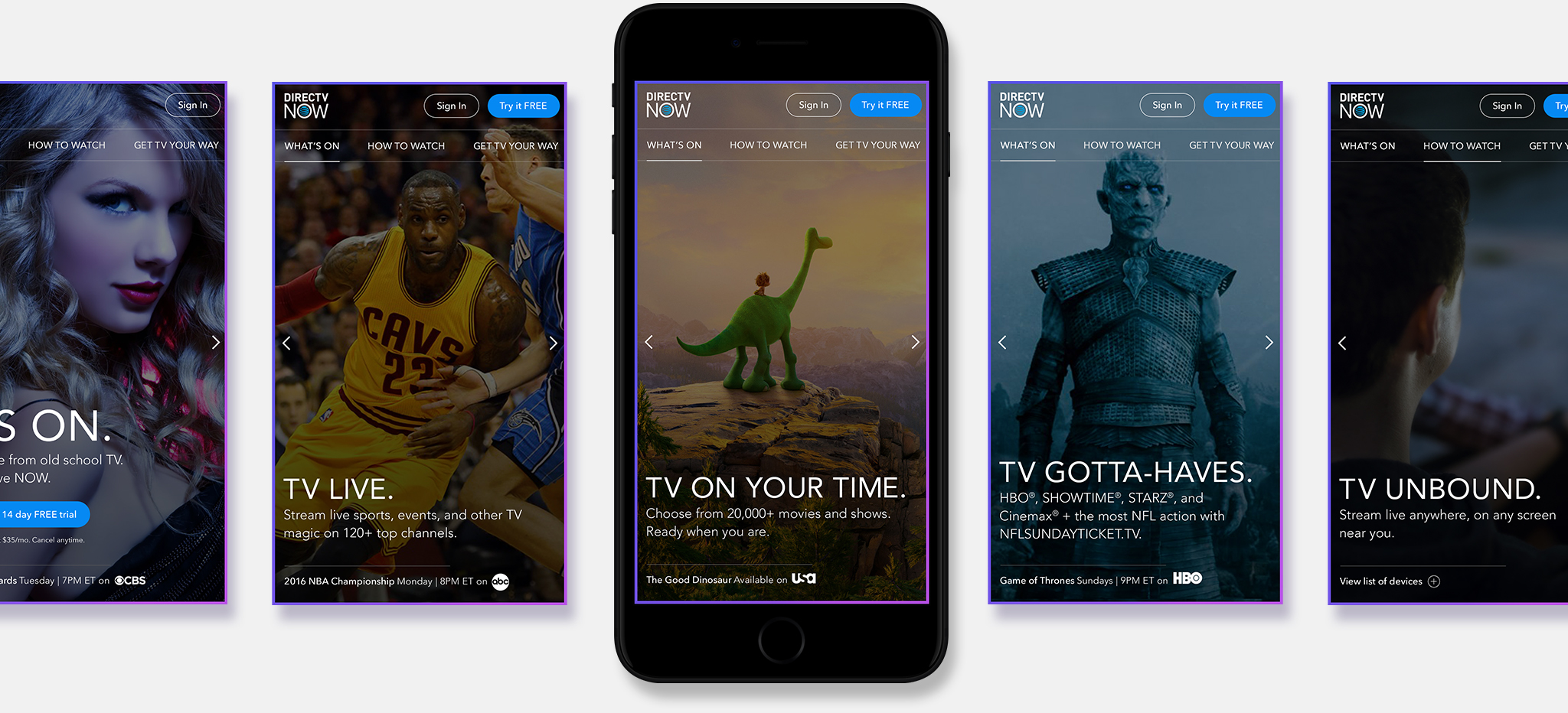 DIRECTV NOW mobile screens