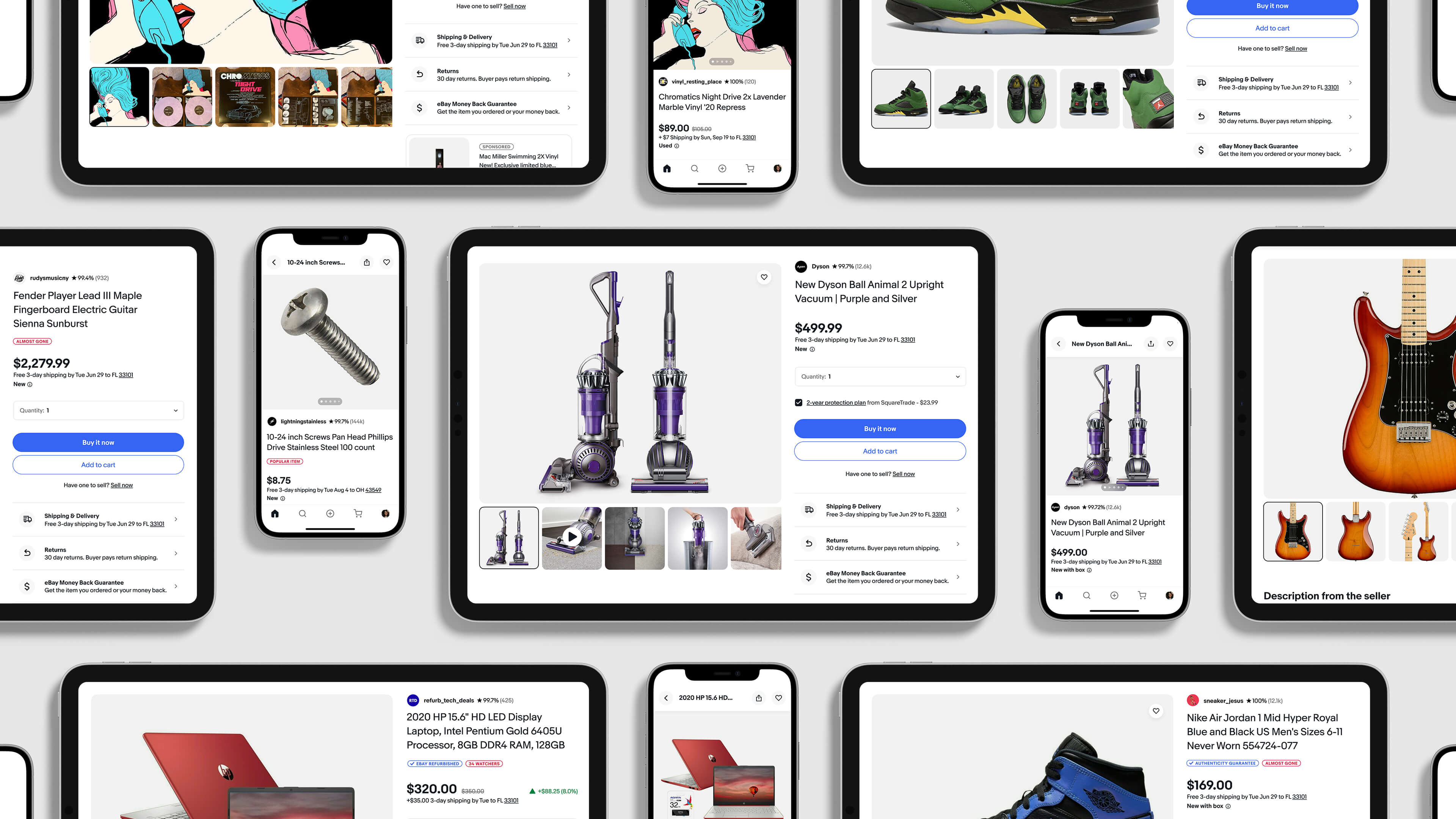 eBay View Item page breadth showing variety of categories and layouts