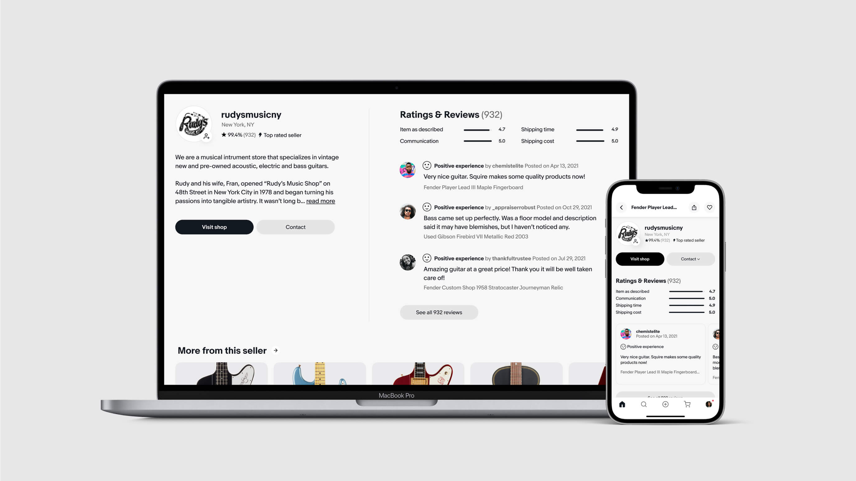 Seller information section showing seller profile, ratings, and contact options
