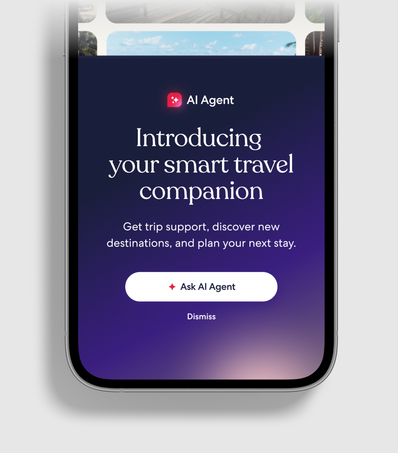 Phone introducing the AI Agent as a smart travel companion, with Ask AI Agent