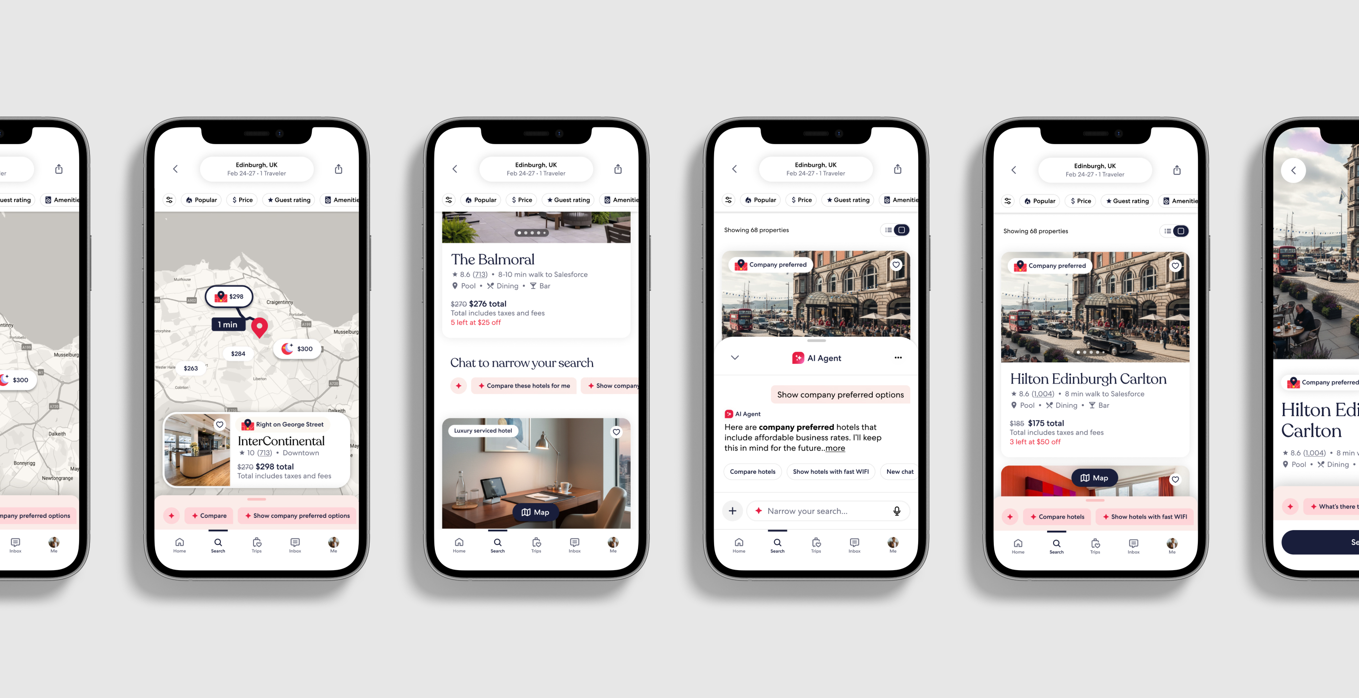 Phones showing an Edinburgh map with The Balmoral, then company-preferred hotels including Hilton Edinburgh Carlton