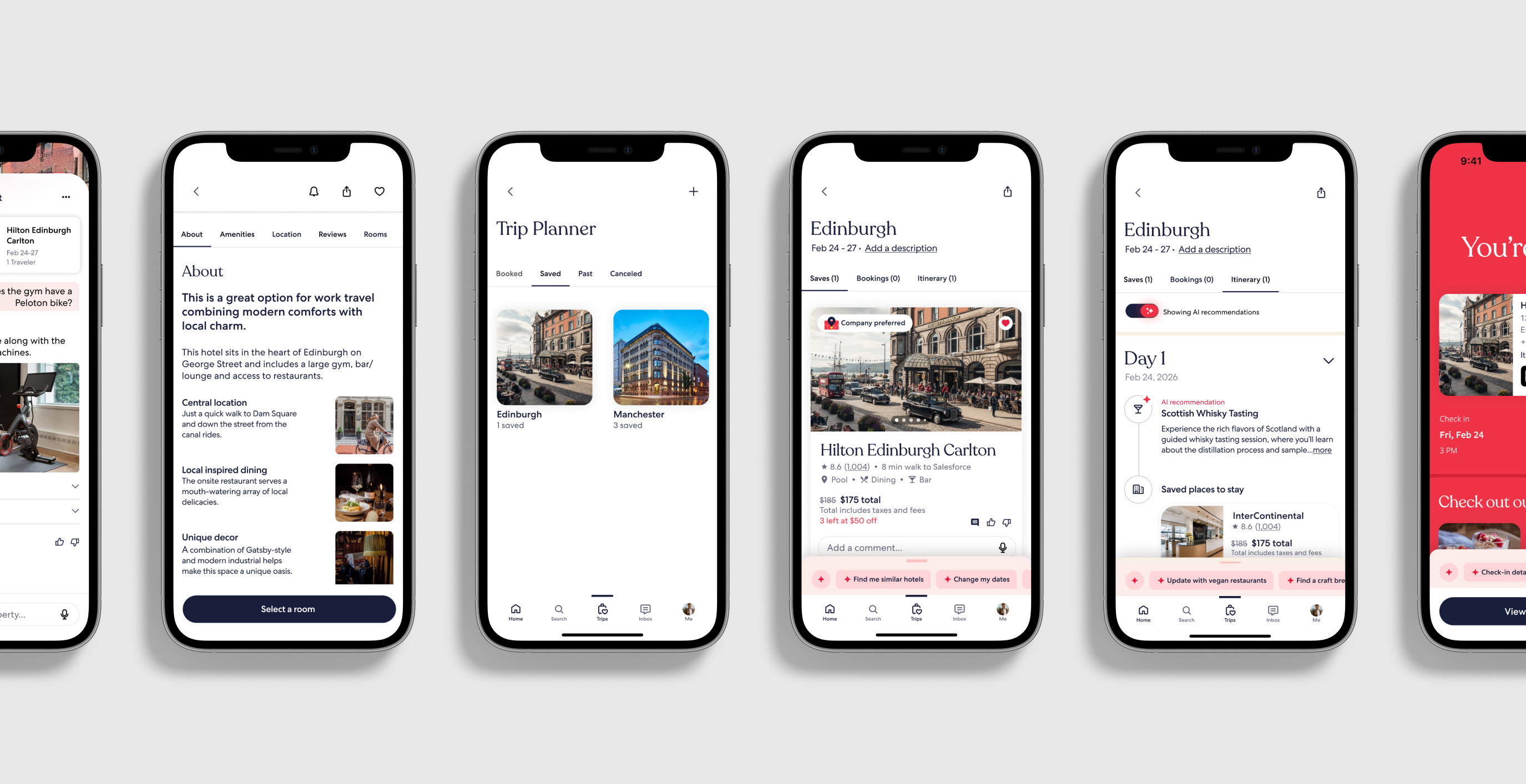 Phones showing a hotel About page, a trip planner for Edinburgh and Manchester, and a Day 1 itinerary