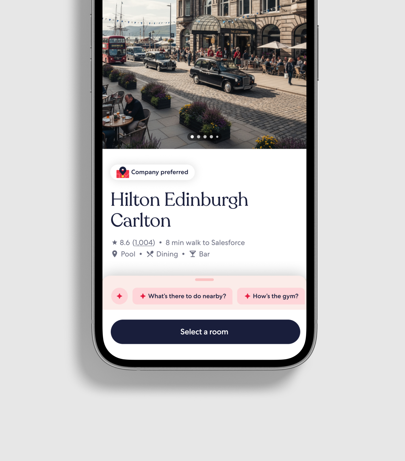 Hilton Edinburgh Carlton property page with company-preferred badge and Ask AI Agent prompts