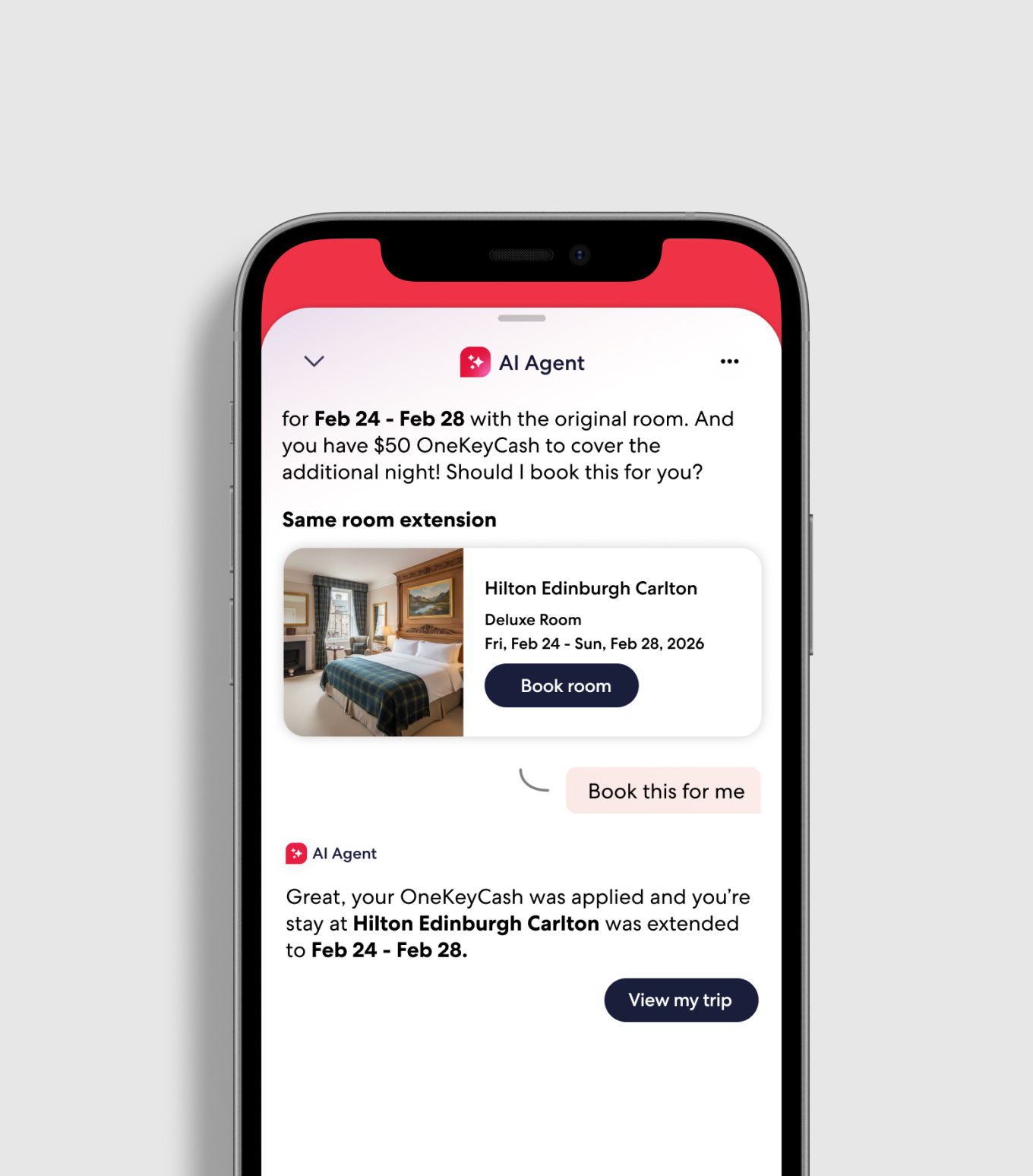 AI Agent extending a Hilton Edinburgh Carlton stay with OneKeyCash and a Book room card