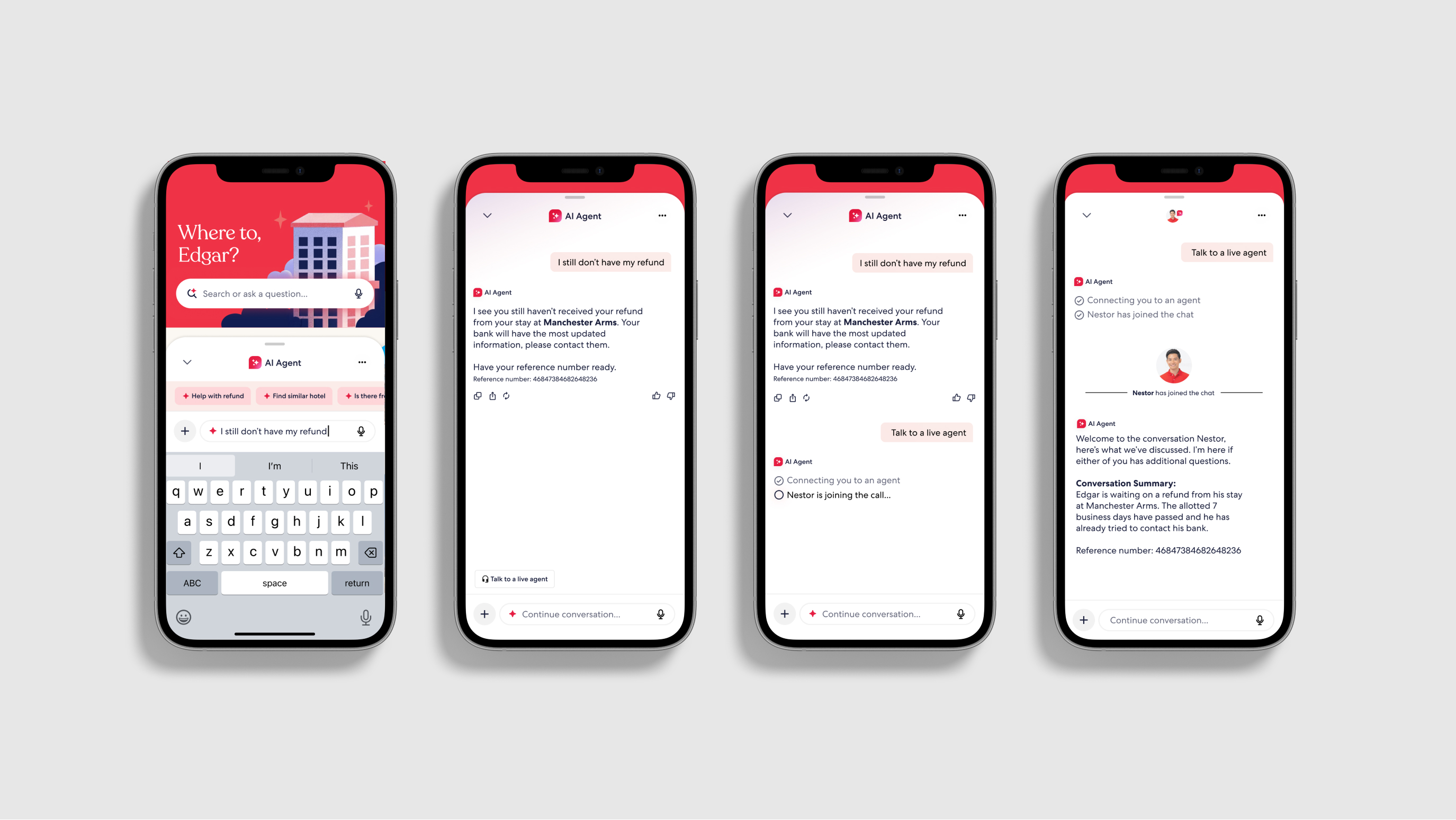 Phones showing a refund request for Manchester Arms, then a handoff to live agent Nestor