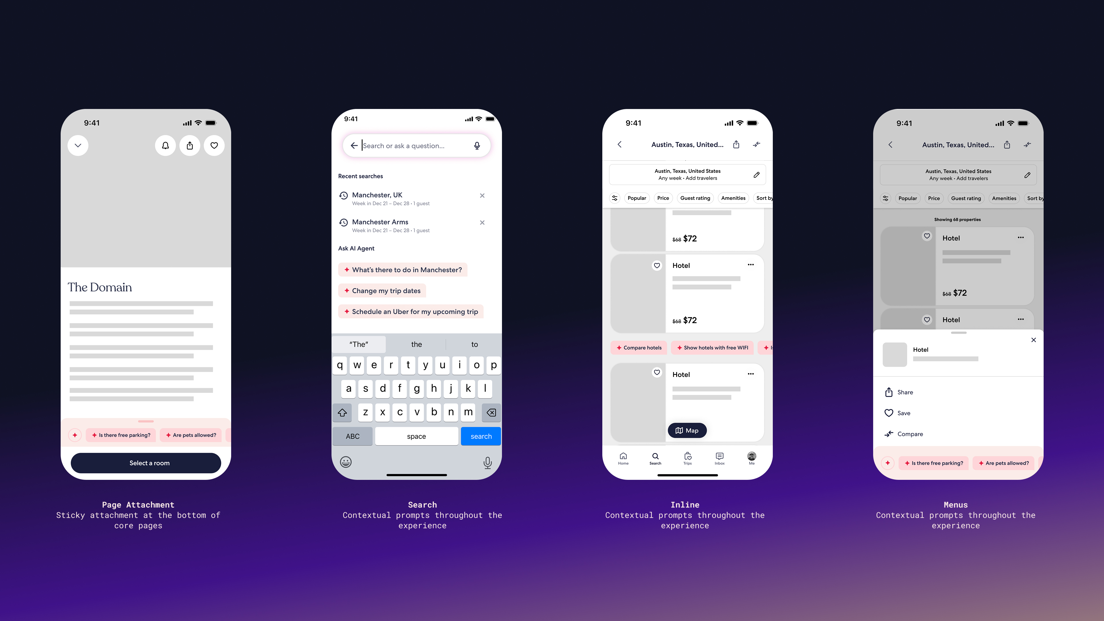 AI Agent entry points as a page attachment, search, inline prompt, and contextual menu