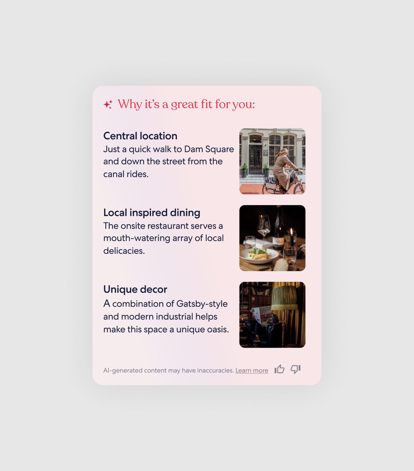 Why it's a great fit for you: central location, local dining, and unique decor