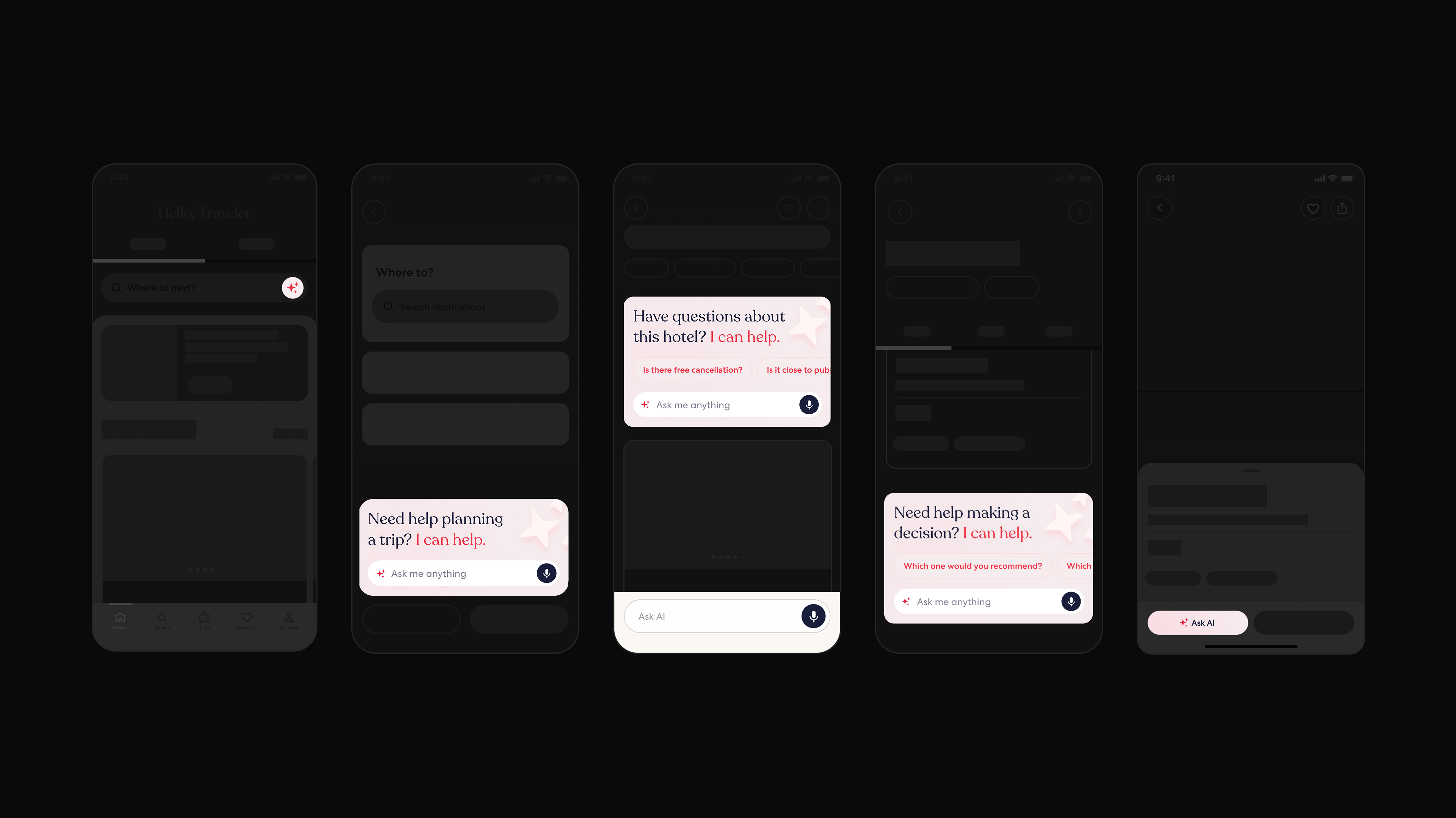AI Agent entry points across the product, from planning a trip to questions about a hotel and help making a decision