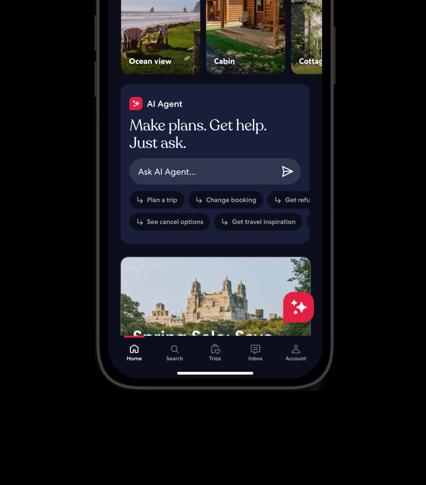 AI Agent prompt on the homepage: Make plans. Get help. Just ask.