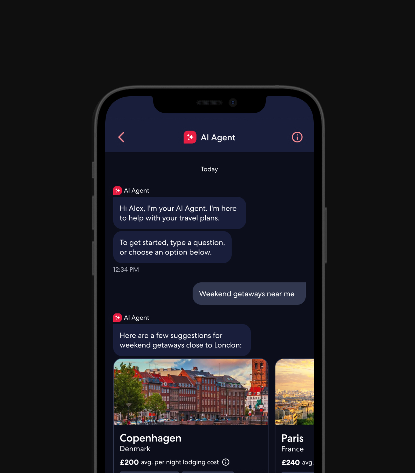 AI Agent chat suggesting weekend getaways near London, including Copenhagen and Paris