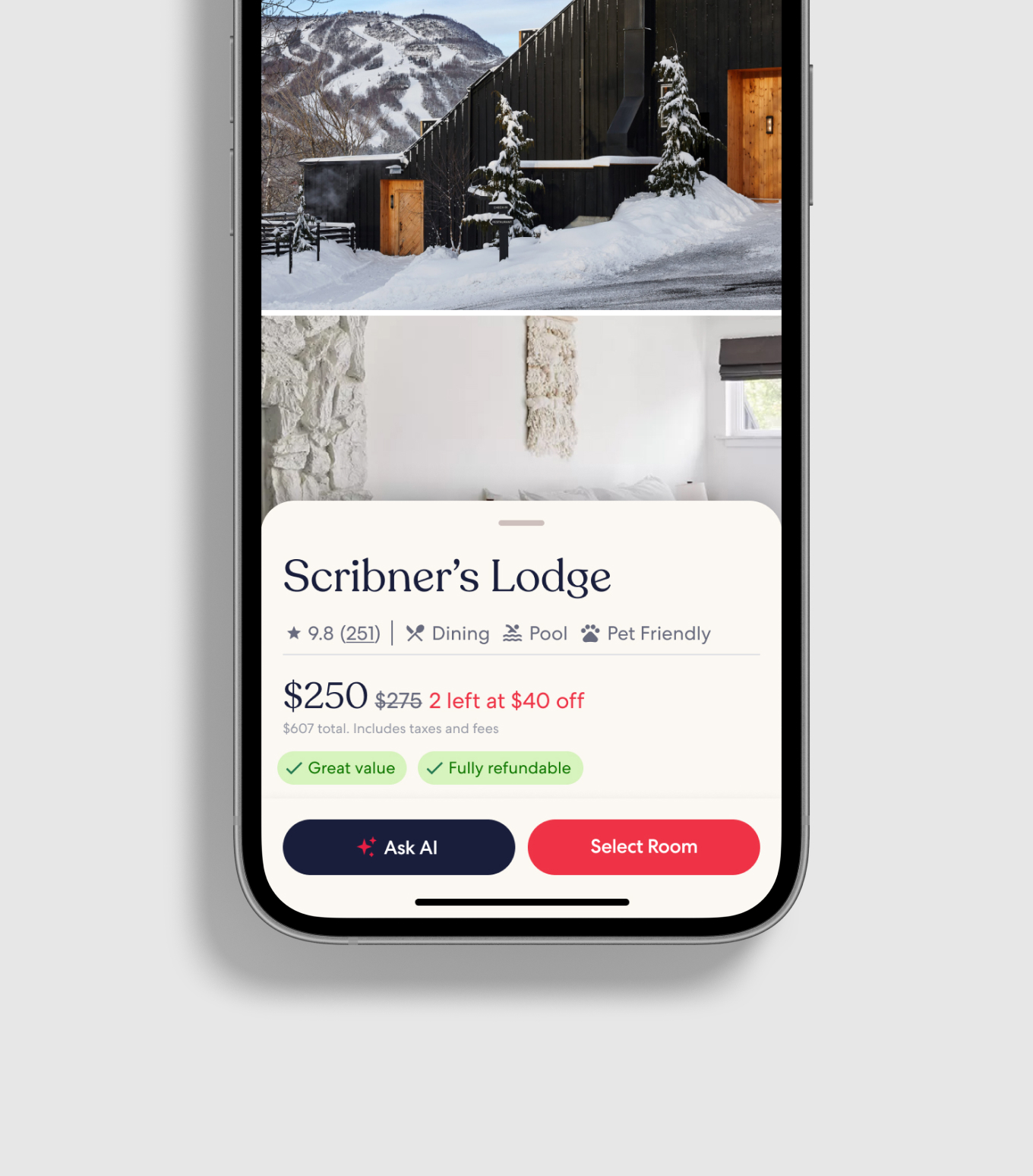 Scribner’s Lodge on a phone, with Ask AI and Select Room