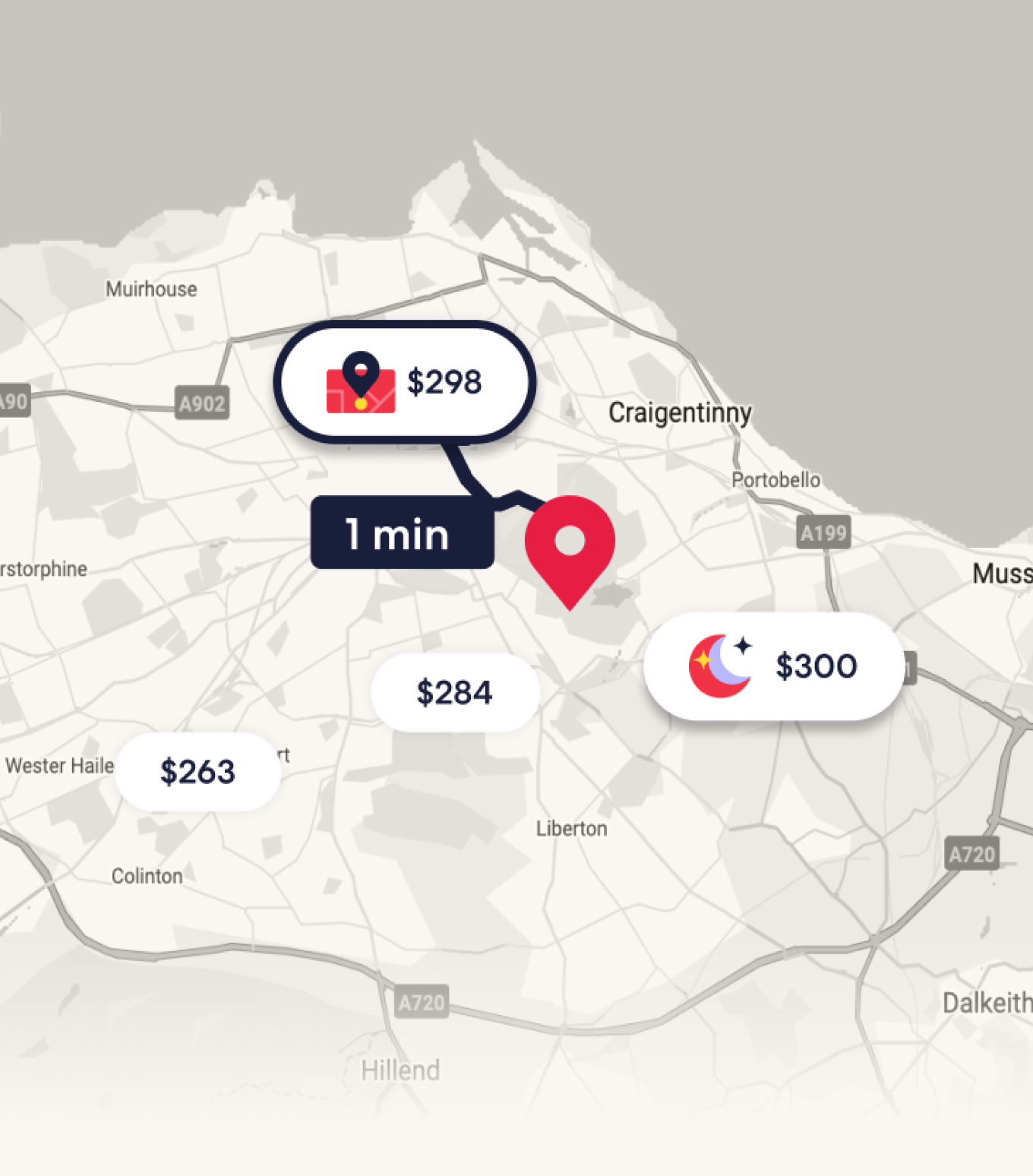 Edinburgh map with price pins, a one-minute marker, and a $298 stay