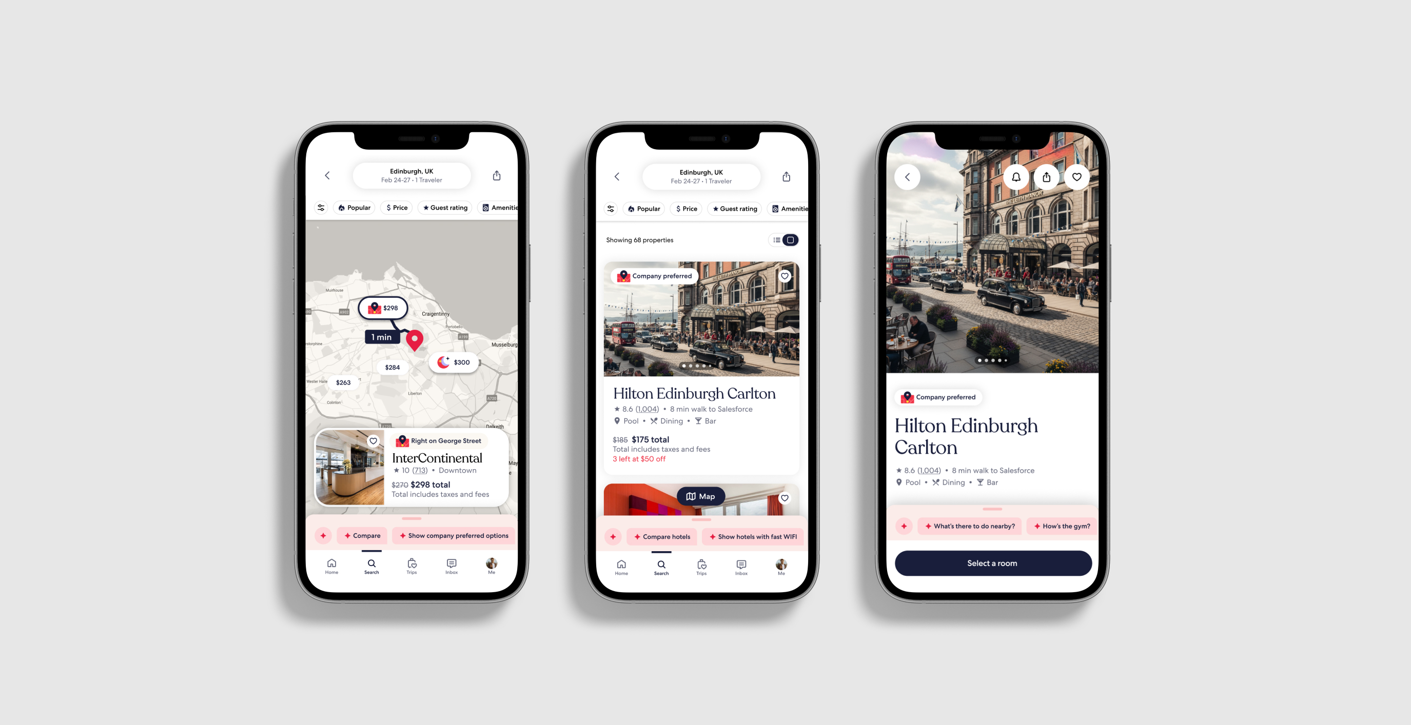 Three phones showing an Edinburgh map, search results, and the Hilton Edinburgh Carlton