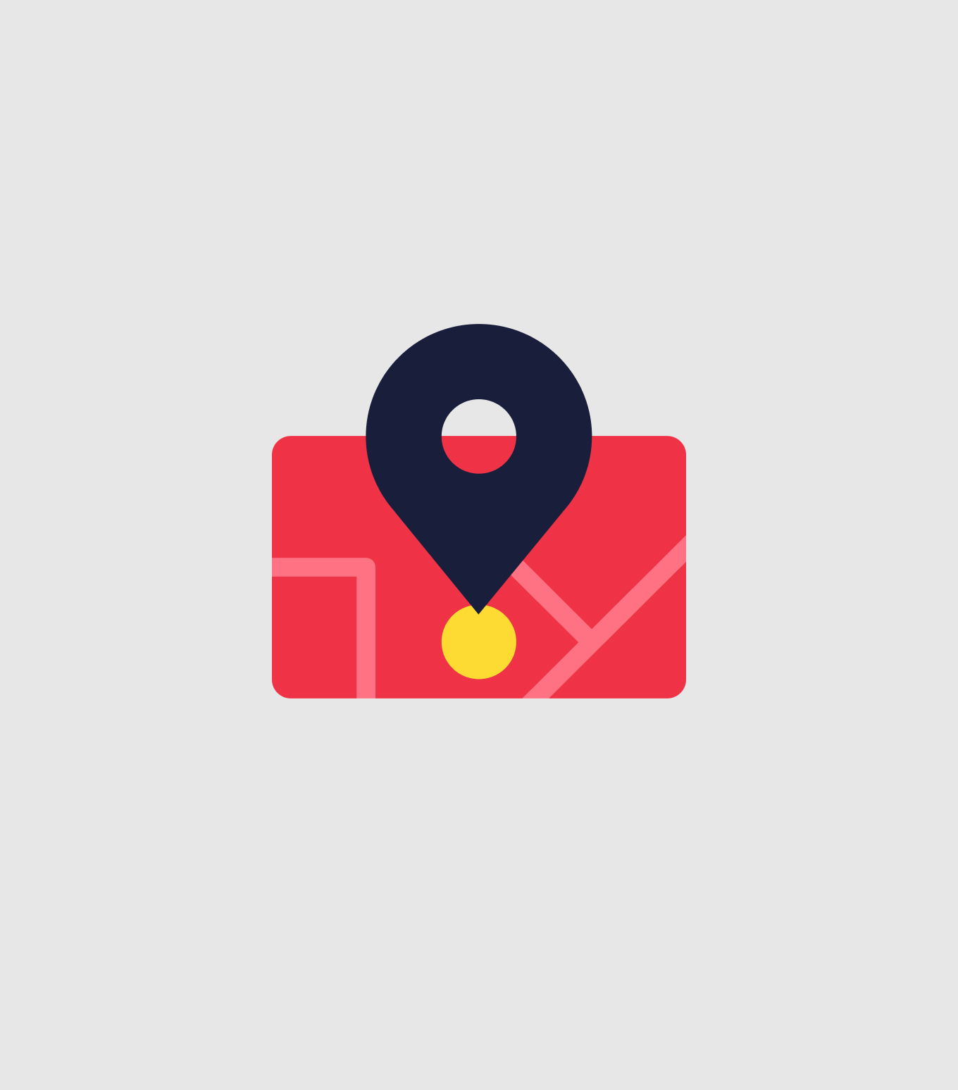 Map pin icon over a red card with a yellow dot