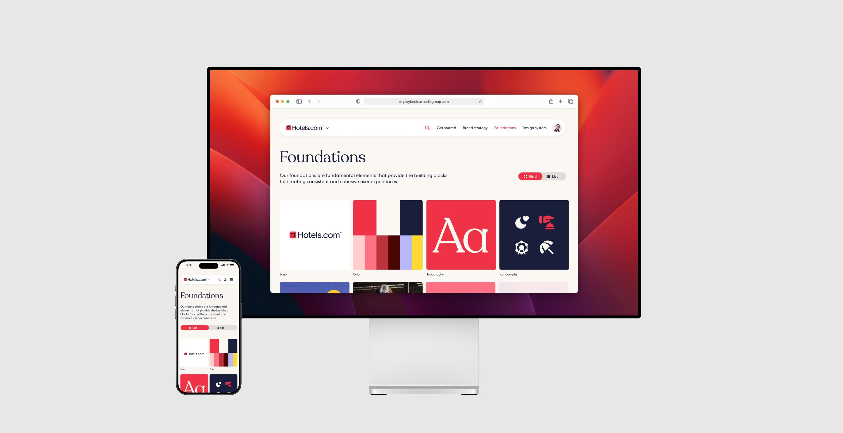 Foundations page with logo, color, typography, and iconography on a desktop and a phone
