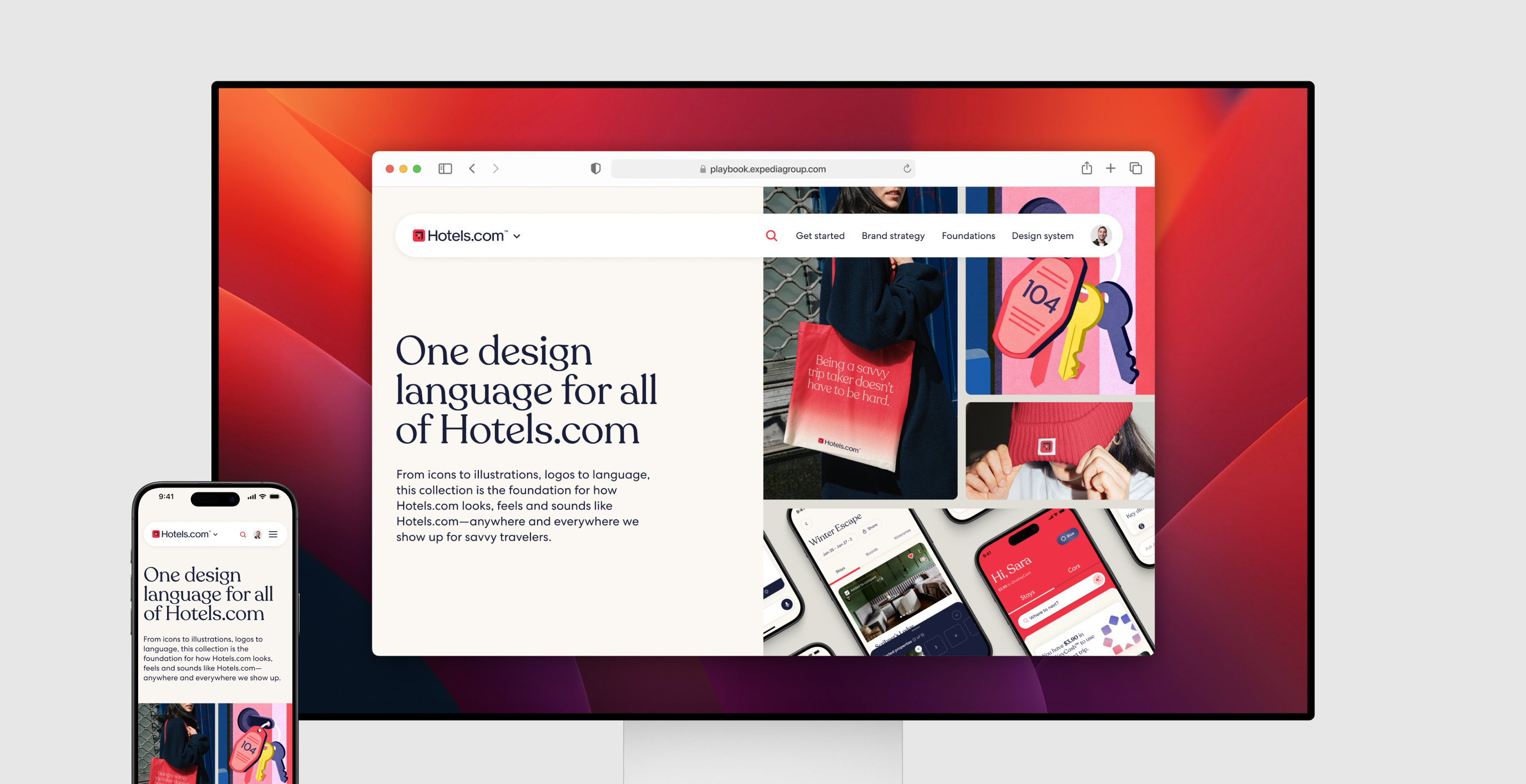 One design language for all of Hotels.com, shown on a desktop and a phone