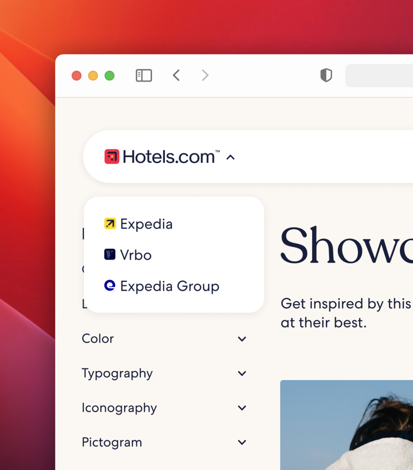 Hotels.com playbook menu open to Expedia, Vrbo, and Expedia Group