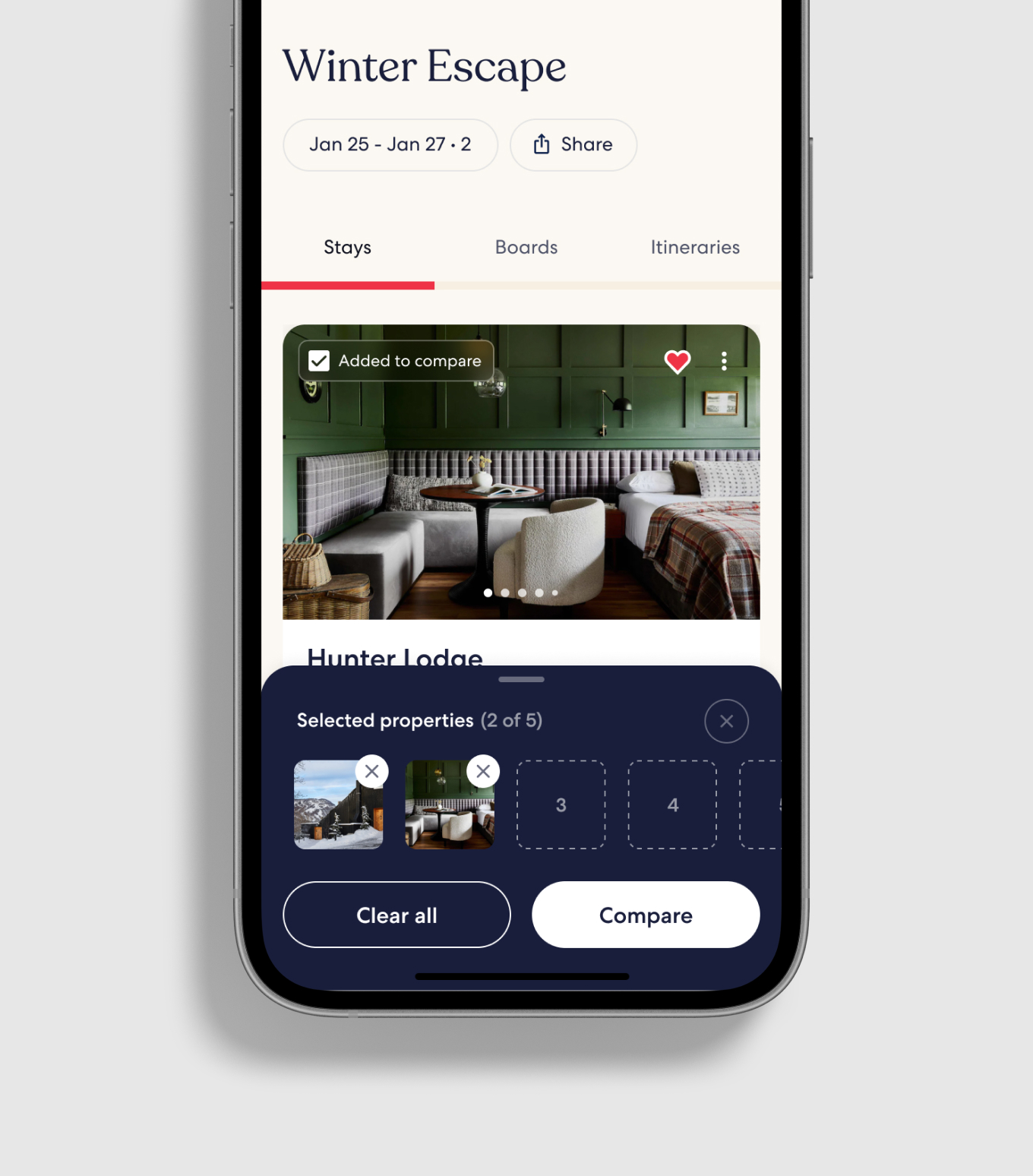 Winter Escape wishlist with Hunter Lodge added to compare