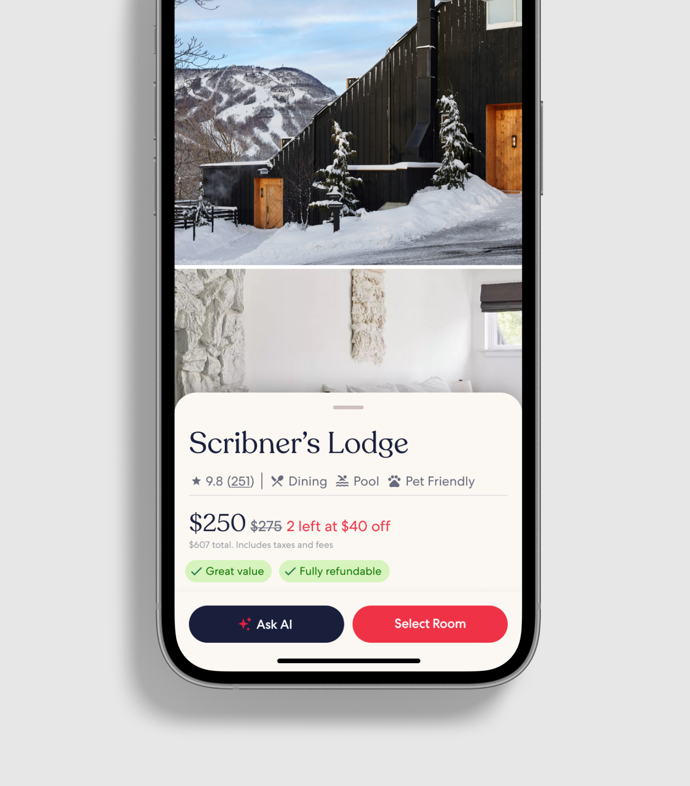 Scribner's Lodge property page with price, value badges, Ask AI, and Select Room
