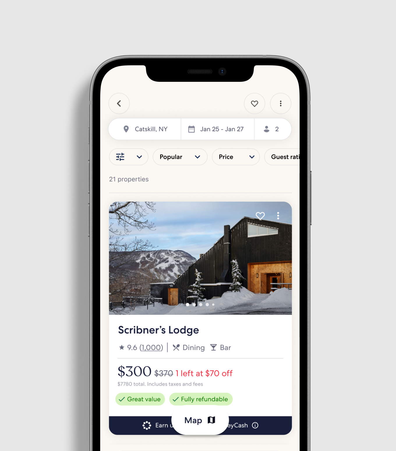 Catskill search results with Scribner's Lodge and a Map button