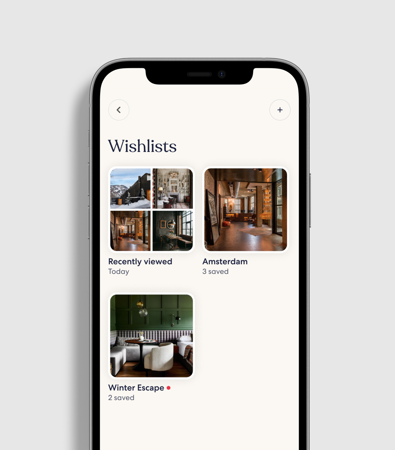 Wishlists on a phone, with Recently viewed, Amsterdam, and Winter Escape