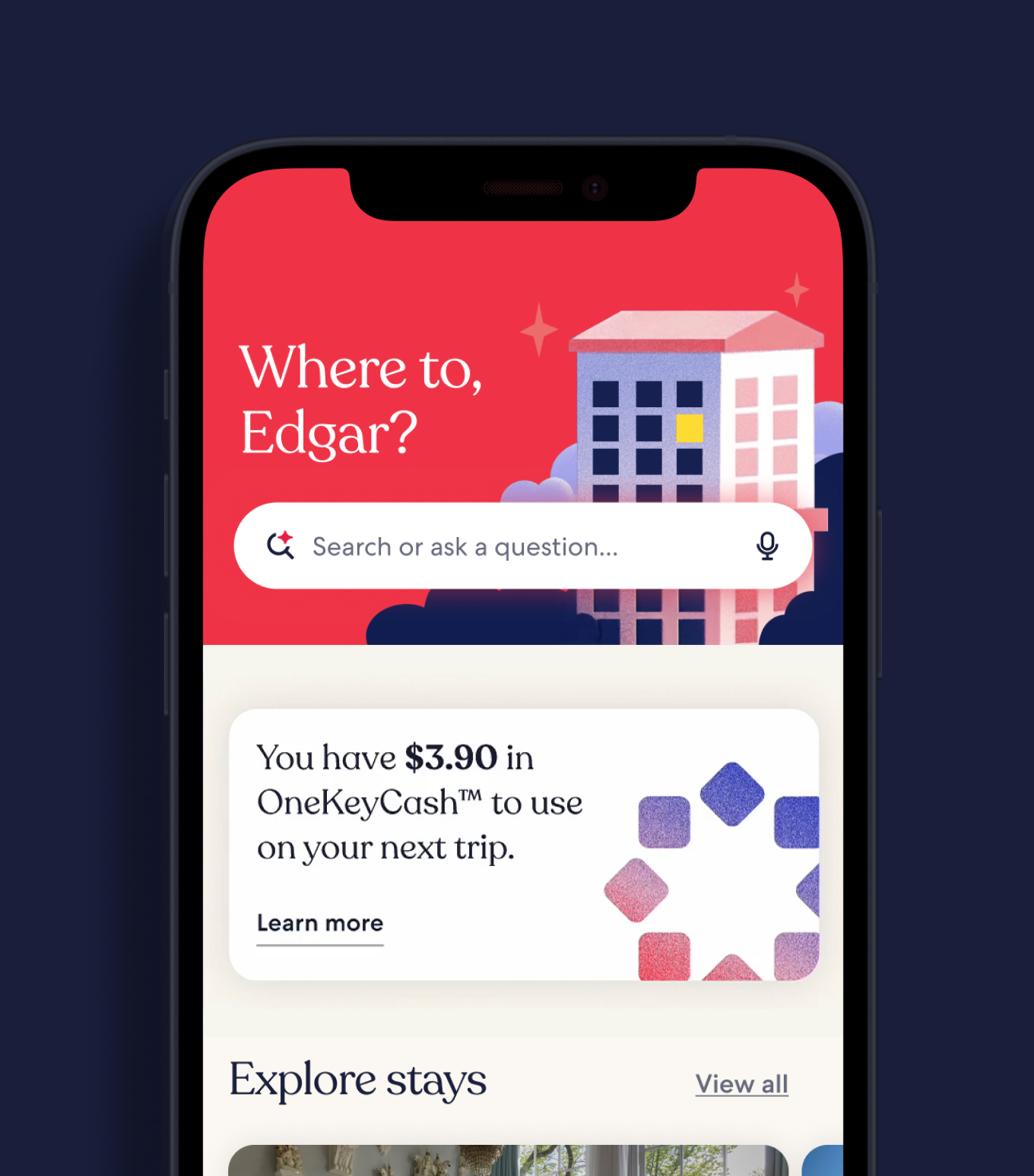 Hotels.com home on a phone, asking Where to, Edgar?