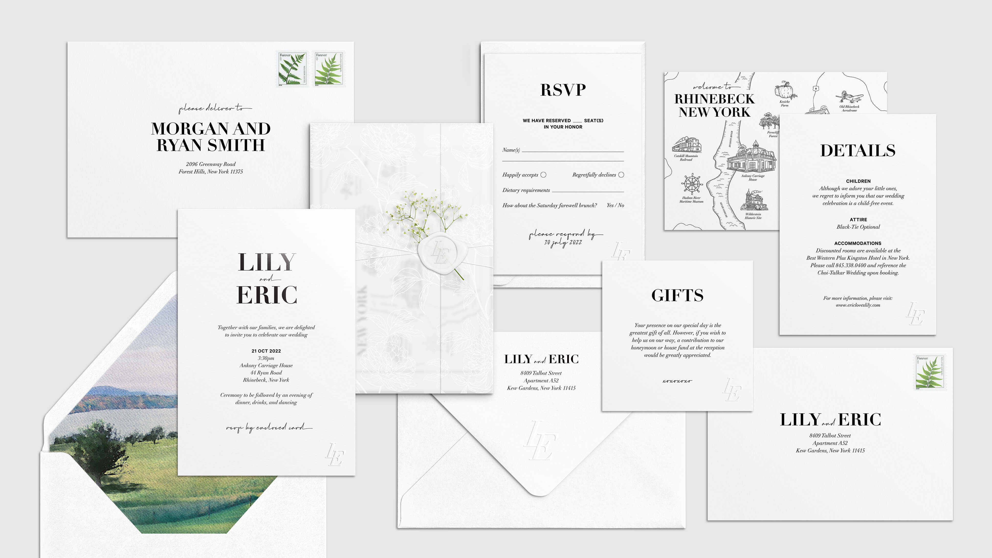 Full wedding invitation suite laid out showing all 10 pieces