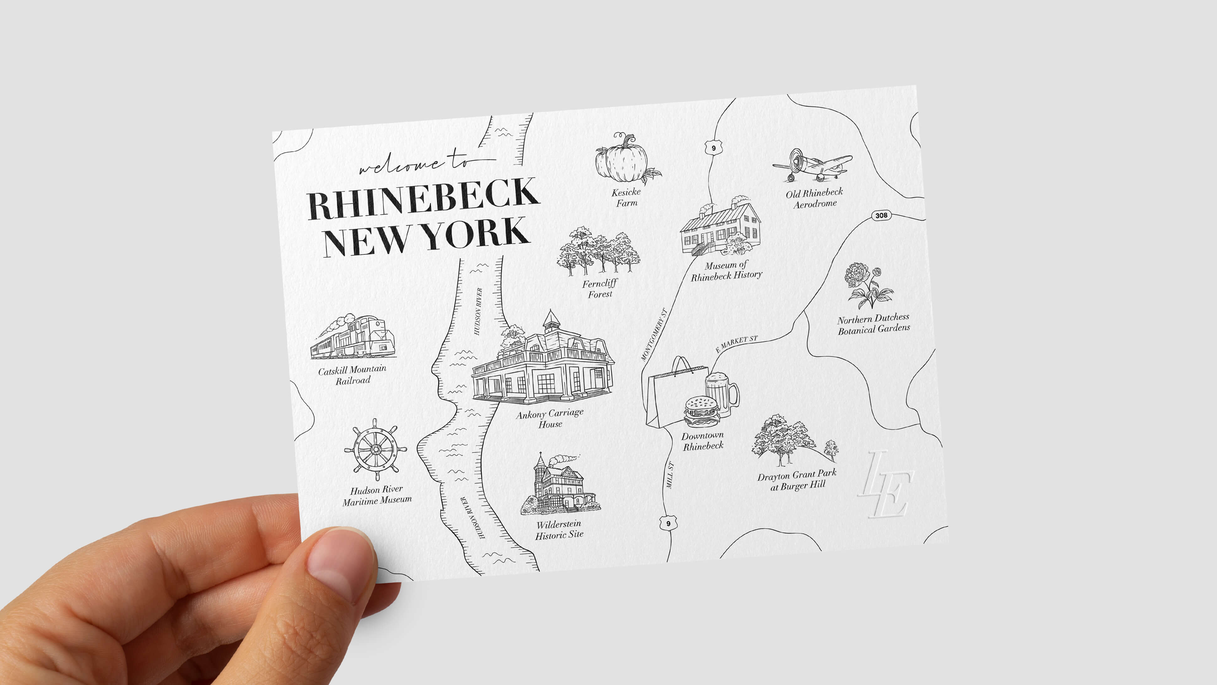 Hand-illustrated map of Rhinebeck included in the invitation suite