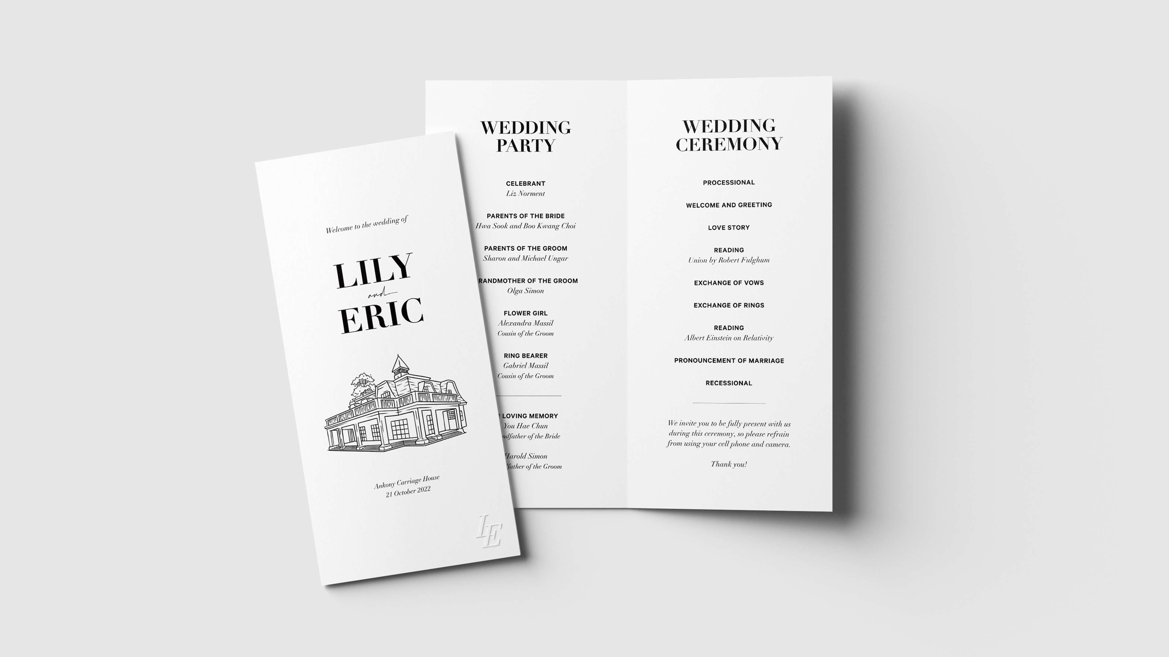 Ceremony pamphlet with venue watercolor