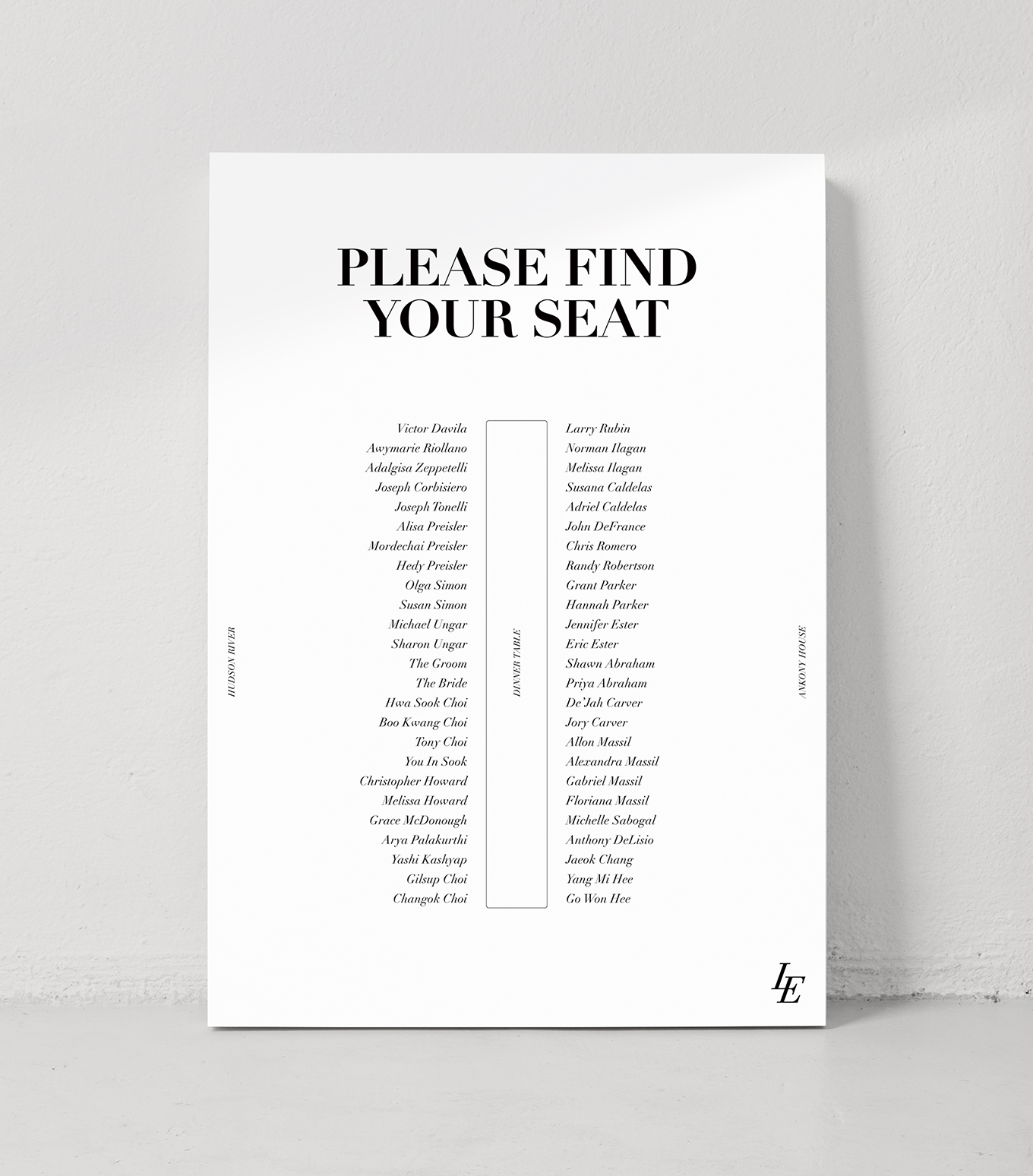 Large seating chart sign with custom watercolor illustration