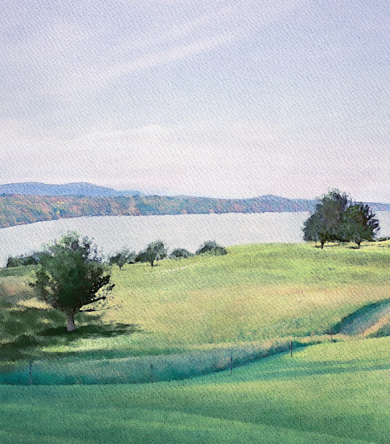 Custom digitally-painted watercolor scene of the Ankony Carriage House backyard view